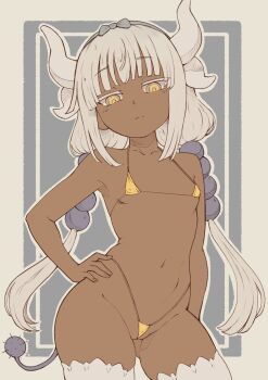1girl absurdres bikini cowboy_shot dark-skinned_female dark_skin dragon_girl dragon_horns female_focus grey_hair gyaru hair_ornament hairband hand_on_own_hip highres horns kanna_kamui kobayashi-san_chi_no_maidragon legs loli long_hair long_twintails looking_at_viewer magnuswalker5 micro_bikini navel solo standing stomach swimsuit tail thighhighs thighs twintails yellow_eyes