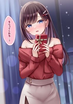 Rule 34 | 1girl, bare shoulders, blue eyes, blush, box, breasts, brown hair, brown pantyhose, collarbone, commentary request, gift, gift box, grey skirt, hair between eyes, hair ornament, hairclip, highres, holding, holding box, long hair, long sleeves, looking at viewer, off-shoulder sweater, off shoulder, original, pantyhose, parted lips, red sweater, sakura hiyori, skirt, smile, solo, speech bubble, sweater, translation request