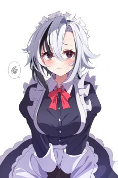 1girl alternate_costume apron arlecchino_(genshin_impact) black_dress black_streaks blush bow bowtie closed_mouth commentary dress english_commentary enmaided frilled_apron frilled_hairband frills genshin_impact grey_eyes hair_between_eyes hairband highres looking_at_viewer maid maid_headdress midori_(midori13579) multicolored_hair red_bow red_bowtie red_pupils simple_background solo squiggle streaked_hair symbol-shaped_pupils wavy_mouth white_apron white_background white_hair white_hairband x-shaped_pupils