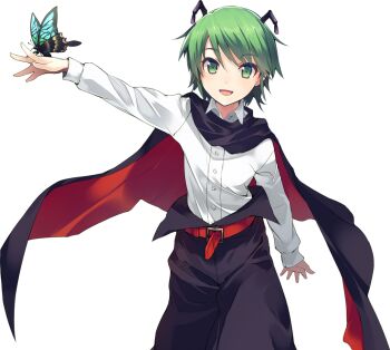 1girl antennae belt black_cape black_pants bug butterfly butterfly_on_hand cape collared_shirt eho_(icbm) game_cg green_eyes green_hair insect labyrinth_of_touhou_(series) labyrinth_of_touhou_tri long_sleeves looking_at_viewer non-web_source official_art open_mouth pants red_belt red_cape shirt short_hair smile solo touhou transparent_background two-sided_cape two-sided_fabric white_shirt wriggle_nightbug