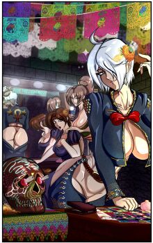 3girls angel_(kof) ass blue_eyes braid braided_ponytail breasts brown_eyes brown_hair costume curvy female_focus huge_ass huge_breasts jabeloart jaestar jaestarj large_breasts long_hair mirror multiple_girls open_mouth pale_skin phone ponytail reflection shiranui_mai short_hair smile smiley_face the_king_of_fighters thick_thighs thighs white_hair yuri_sakazaki