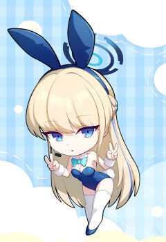 Rule 34 | 1girl, absurdres, animal ear hairband, animal ears, aqua bow, aqua bowtie, ar (3779609928), blonde hair, blue archive, blue eyes, blue hairband, blue halo, blue leotard, blue streaks, bow, bowtie, braid, breasts, chibi, commentary, detached collar, double v, earpiece, fake animal ears, fake tail, hairband, half up braid, halo, highleg, highleg leotard, highres, leotard, long hair, medium breasts, multicolored hair, playboy bunny, rabbit ear hairband, rabbit ears, rabbit tail, solo, strapless, strapless leotard, streaked hair, tail, thighhighs, toki (blue archive), toki (bunny) (blue archive), v, very long hair, white thighhighs, white wrist cuffs, wrist cuffs