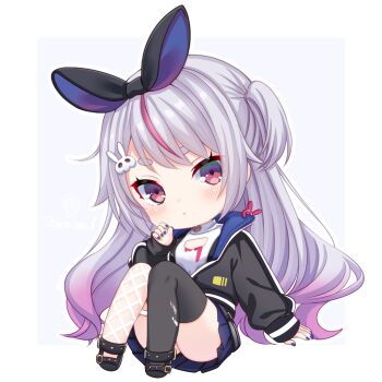 Rule 34 | 1girl, asymmetrical legwear, black jacket, black ribbon, black shoes, black thighhighs, blue background, blue nails, blue skirt, blush, border, chibi, chibi only, closed mouth, commentary request, dot nose, fishnet thighhighs, fishnets, full body, gradient hair, grey hair, hair ribbon, hand up, jacket, long sleeves, looking at viewer, miniskirt, mismatched legwear, multicolored hair, nail polish, open clothes, open jacket, outline, outside border, pleated skirt, red eyes, red hair, ribbon, shirt, shoes, sidelocks, simple background, skirt, solo, streaked hair, thick eyebrows, thighhighs, toketa-sekai, tosaki mimi, two-tone hair, two side up, virtual youtuber, vspo!, white border, white outline, white shirt, white thighhighs