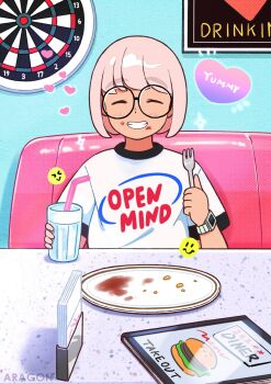 1girl aragon_honnin bob_cut booth_seating brown_hair closed_eyes cup dartboard drinking_straw fork glasses grin highres holding holding_cup holding_fork indoors looking_at_viewer menu napkin napkin_holder open_mouth original plate round_eyewear shirt short_hair short_sleeves smile solo t-shirt teeth white_shirt