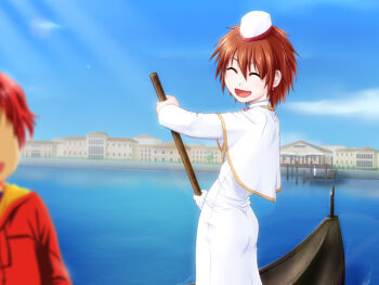 Rule 34 | 00s, 1girl, :d, ^ ^, aria (manga), ayumi k jasmine, bad id, boat, capelet, caryo, city, closed eyes, dress, garrison cap, gondola, hat, high collar, holding, holding oar, long sleeves, oar, ocean, open mouth, shaded face, shore, smile, solo focus, standing, takeda yukimura, venice, water, watercraft, white dress