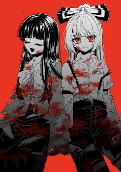2girls blood blood_on_clothes bow bowtie closed_eyes closed_mouth collared_shirt commentary_request facing_viewer frilled_shirt_collar frills frown fujiwara_no_mokou hair_bow hand_on_another's_hand highres houraisan_kaguya long_hair long_sleeves multiple_girls ofuda ofuda_on_clothes open_mouth pants red_background red_eyes shirt simple_background skirt smile suspenders tamiko_(tamik0224) touhou yuri