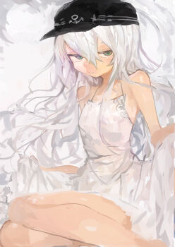 1girl absurdres alternate_costume anchor_symbol bare_legs bare_shoulders black_hat blue_eyes closed_mouth commentary dress flat_cap hair_between_eyes half-closed_eyes hat hibiki_(kancolle) highres kaamin_(mariarose753) kantai_collection long_hair looking_at_viewer simple_background sitting skirt_hold sleeveless sleeveless_dress solo sundress white_dress