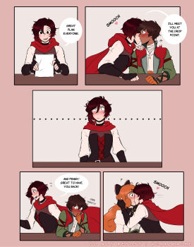 ... 1boy 2girls absurdres after_kiss bisexual_female black_bow black_choker black_eyes blush bow brown_hair cape chaikachi choker closed_mouth commentary dark-skinned_male dark_skin english_commentary english_text fingerless_gloves freckles gloves green_jacket hair_bow heart highres holding holding_paper hood hooded_cape jacket kiss meeting multiple_girls open_mouth orange_hair oscar_pine paper penny_polendina red_cape red_hair red_hood ruby_rose rwby short_hair sound_effects speech_bubble