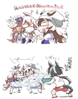 Rule 34 | 3girls, animal ears, beanie, beer hsk, black hair, blank eyes, blue ribbon, bow, brown hair, brown shoes, bucket, chibi, commentary request, cropped torso, ear ribbon, ears through headwear, grey hat, gym shirt, gym shorts, gym uniform, hair between eyes, hat, highres, holding, holding bucket, horse ears, horse girl, horse tail, kin'iro ryotei (umamusume), long hair, low ponytail, mask, mouth mask, multiple girls, nakayama festa (umamusume), orfevre (old design) (umamusume), pleated skirt, ponytail, purple bow, purple shirt, red shoes, red shorts, ribbon, school uniform, shirt, shoes, shorts, simple background, skirt, socks, splashing, sweat, tail, thighhighs, tracen school uniform, translation request, umamusume, v-shaped eyebrows, very long hair, water, white background, white skirt, white socks, white thighhighs