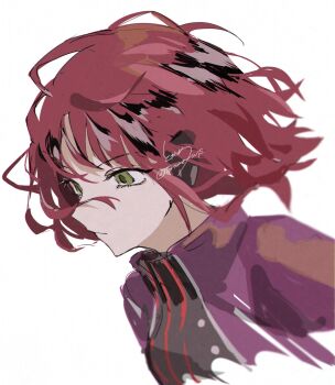 1girl breasts commentary green_eyes headphones heattech_leotard highres jacket katori_squad's_uniform katori_youko leotard medium_breasts purple_jacket red_hair short_hair signature solo torture_ws turtleneck twitter_username white_background world_trigger