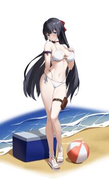 1girl absurdres armband ball beach beachball bikini black_hair blue_eyes blush breasts choker closed_mouth collarbone commentary_request cooler embarrassed hand_on_own_chest highres hina_(blue_archive) korean_commentary large_breasts linea_alba long_hair looking_at_viewer navel o-ring o-ring_bikini raised_inner_eyebrows red_choker sandals side-tie_bikini_bottom simple_background solo split_mouth standing stellive stomach swimsuit thigh_strap very_long_hair virtual_youtuber white_background white_bikini white_sandals yeongae1211