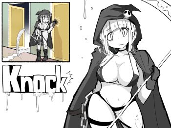 1girl bikini black_bikini black_cape black_gloves breasts cape chain death_(entity) gloves grim_reaper highres knocking large_breasts nakineiriko_(dafdafson) original scythe solo swimsuit thigh_strap
