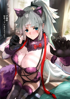 1girl absurdres animal_ears bare_shoulders black_panties blush bow breasts cleavage commentary_request cosplay earrings elbow_gloves fate/grand_order fate/samurai_remnant fate_(series) fur-trimmed_gloves fur-trimmed_thighhighs fur_collar fur_trim gloves green_eyes green_kimono highres japanese_clothes jewelry jikihatiman kimono lace lace-trimmed_thighhighs lace_trim large_breasts long_hair looking_at_viewer mash_kyrielight mash_kyrielight_(dangerous_beast) mash_kyrielight_(dangerous_beast)_(cosplay) navel o-ring panties ponytail purple_gloves purple_thighhighs revealing_clothes sidelocks sitting solo tail thighhighs thighs translation_request underwear unworn_kimono white_hair wolf_ears wolf_tail yui_shousetsu_(fate)