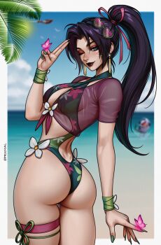 Rule 34 | 1girl, ai-assisted, alternate costume, ass, breasts, cleavage, curvy, green one-piece swimsuit, hair ribbon, highleg, highleg one-piece swimsuit, highres, huge ass, iron man, jeff (marvel), large breasts, long hair, looking at viewer, marvel, marvel rivals, official alternate costume, one-piece swimsuit, one eye closed, ponytail, prixmal, psylocke, psylocke (breezy butterfly), purple hair, ribbon, shiny skin, swimsuit, water, wide hips, x-men