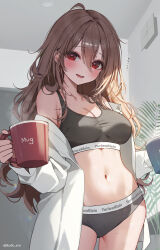 Rule 34 | 1girl, absurdres, artist name, bare shoulders, black panties, black sports bra, blush, breasts, brown hair, cleavage, collarbone, commentary request, cowboy shot, cup, hair between eyes, highres, holding, holding cup, indoors, kudou (sikisiki0000), large breasts, long hair, long sleeves, looking at viewer, navel, off shoulder, open clothes, open shirt, original, panties, parted lips, red eyes, revision, shirt, smile, solo, sports bra, stomach, translation request, twitter username, underwear, white shirt