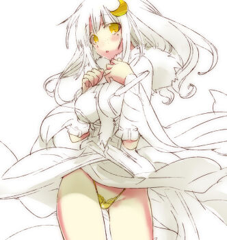 1girl animal animal_around_neck arutopian breasts commentary_request cowboy_shot crescent crescent_hair_ornament detached_sleeves dress fox freckles hair_ornament large_breasts long_hair looking_at_viewer open_mouth panties pantyshot professor_(ragnarok_online) ragnarok_online simple_background sleeveless sleeveless_dress solo underwear unfinished white_background white_dress white_hair white_sleeves yellow_eyes yellow_panties