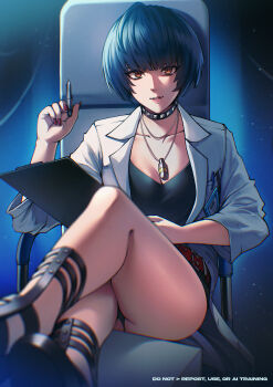 1girl absurdres ass bare_legs black_choker black_dress black_sandals blue_hair blueriest blunt_bangs blurry blurry_foreground breasts brown_eyes chair choker cleavage clipboard coat collarbone commentary dress english_commentary highres holding holding_clipboard holding_pen jewelry lab_coat looking_at_viewer medium_breasts necklace open_clothes open_coat parted_lips pen persona persona_5 pink_lips sandals short_dress short_hair sitting solo takemi_tae thighs white_coat