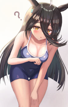Rule 34 | 1girl, ?, ahoge, animal ears, black hair, blue one-piece swimsuit, blush, breasts, cleavage, collarbone, commentary request, competition school swimsuit, covered navel, ear tag, earrings, hair between eyes, horse ears, horse girl, jewelry, leaning forward, long bangs, long hair, long hair between eyes, looking at viewer, manhattan cafe (umamusume), medium breasts, multicolored hair, one-piece swimsuit, parted lips, school swimsuit, simple background, single earring, solo, swimsuit, thurumu, tracen swimsuit, umamusume, very long hair, white hair, yellow eyes