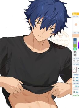 1boy a_ohkami abs black_shirt blue_hair closed_mouth clothes_lift commentary_request crew_neck ensemble_stars! hair_between_eyes looking_at_viewer male_focus navel sazanami_jun shirt shirt_lift short_hair short_sleeves simple_background solo split_mouth t-shirt upper_body watermark white_background yellow_eyes