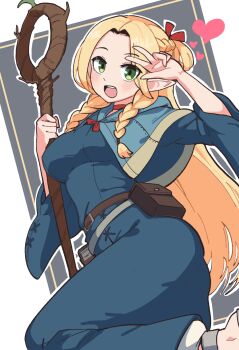 1girl blonde_hair blue_robe braid breasts dungeon_meshi elf green_eyes hair_ribbon highres holding holding_staff long_hair long_sleeves looking_at_viewer mage_staff mago_cats marcille_donato medium_breasts open_mouth pointy_ears red_ribbon ribbon robe solo staff twin_braids very_long_hair wide_sleeves