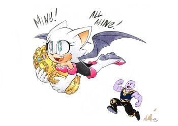 1boy 1girl artist_name bat_wings boots crossover dated english_text finik flying furry furry_female gloves highres infinity_gauntlet marvel open_mouth rouge_the_bat running signature simple_background sonic_(series) teeth thanos upper_teeth_only watermark white_background white_gloves wings