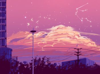 Rule 34 | absurdres, aquarius (constellation), building, chinese commentary, colorful, commentary request, constellation, evening, fangpeii, highres, lamppost, no humans, original, pink sky, pink theme, power lines, scenery, simple bird, sky, star (sky), utility pole