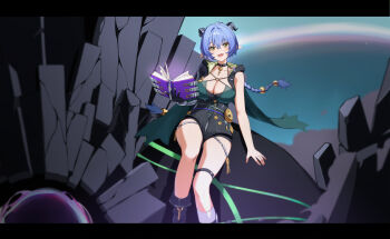 1girl absurdres animal_ears black_boots black_horns black_unitard blue_hair blue_sky book boots bra braid breasts choker collarbone commentary ethereal_(zenless_zone_zero) goat_ears goat_girl goat_horns green_bra head_tilt highres holding holding_book hollow_(zenless_zone_zero) hood horizontal_pupils horns kazezz key key_choker knee_strap large_breasts long_hair looking_at_viewer lucia_elowen medallion open_mouth outdoors pointy_ears single_bare_shoulder single_sleeve sitting sky symbol-only_commentary twin_braids underwear yellow_eyes zenless_zone_zero