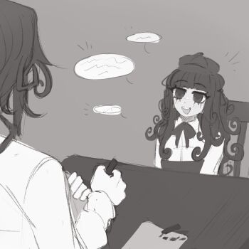 1boy 1girl bow chair father_and_daughter greyscale holding long_hair looking_at_another monochrome nokota_(roseary) open_mouth original paper roseary ryder_(roseary) shirt short_hair sitting sketch speech_bubble table teeth upper_teeth_only