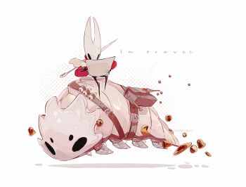 1girl arthropod_girl artist_name bell bell_beast_(hollow_knight) belt black_eyes black_skin blank_eyes chinese_commentary cloak colored_skin commentary_request drawing_(action) english_text film_grain full_body furry furry_female halftone halftone_background highres hightguy holding holding_paper holding_quill hollow_knight hollow_knight:_silksong hornet_(hollow_knight) jingle_bell map needle_(hollow_knight) no_feet paper pouch quill red_cloak riding shadow sidesaddle signature simple_background spool string weapon weapon_on_back white_background