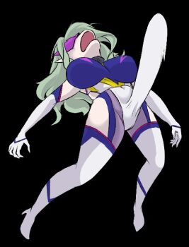 breasts bulge cowboy_shot curvy domino_mask donald_duck_boner_(meme) elbow_gloves erection erection_under_clothes eye_mask full_body gloves green_hair hair_over_one_eye highleg highleg_leotard large_breasts leotard mask meme mumucafe_nimumu open_mouth parody pointy_ears pun red_lips revealing_clothes shiny_clothes shiny_skin skin_tight slit_pupils snake_lady solo style_parody taimanin_(series) taimanin_rpgx thong_leotard trait_connection wide_hips yellow_eyes