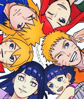 3boys 3girls bandaged_arm bandages blonde_hair blue_eyes boruto:_naruto_next_generations brother_and_sister carrying carrying_person child commentary facial_mark family father_and_daughter father_and_son grabbing_another&#039;s_ear grandfather_and_granddaughter grandfather_and_grandson grandmother_and_granddaughter grandmother_and_grandson hair_ornament hairclip hand_on_another&#039;s_ear hashtag-only_commentary highres husband_and_wife hyuuga_hinata long_hair mother_and_daughter mother_and_son multiple_boys multiple_girls namikaze_minato naruto_(series) naruto_shippuuden notane_n one_eye_closed open_mouth purple_eyes red_hair short_hair siblings smile twitter_username uzumaki_boruto uzumaki_himawari uzumaki_kushina uzumaki_naruto watermark whisker_markings