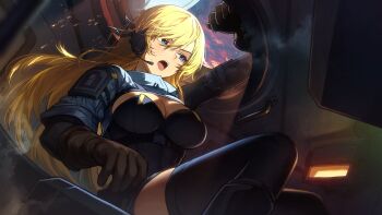 1girl absurdres bingsardina blonde_hair blue_eyes breasts cleavage commentary elsa_(senrai_maidens) english_commentary gloves headphones highres long_hair open_mouth solo tank_interior thighhighs war_thunder