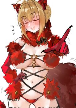 1girl absurdres ahoge animal_ears bare_shoulders blonde_hair blush breasts cleavage closed_eyes cosplay fate/grand_order fate_(series) fur-trimmed_gloves fur_collar fur_trim gloves hair_intakes highres lace lace-trimmed_thighhighs lace_trim large_breasts mash_kyrielight mash_kyrielight_(dangerous_beast) mash_kyrielight_(dangerous_beast)_(cosplay) medium_hair navel nero_claudius_(fate) o-ring open_mouth smile solo tail thighhighs wolf_ears wolf_tail yotsutsu428