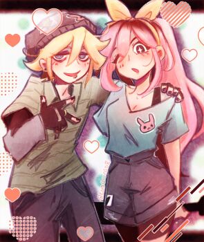 1boy 1girl alternate_costume alternate_hairstyle alternate_universe aubrey_(faraway)_(omori) aubrey_(omori) basil_(faraway)_(omori) basil_(omori) black_eyes black_gloves black_hat black_nails black_pants black_shorts blonde_hair blue_eyes blue_shirt blush bra_strap collared_shirt denim denim_shorts ear_piercing emori_(shrimperini) face_piercing fingerless_gloves gloves green_shirt hairband hand_on_another's_shoulder hat highres korogunso8 lip_piercing long_sleeves looking_at_viewer multicolored_hair omori open_mouth pants piercing pink_hair ponytail roots_(hair) shirt short_sleeves shorts sidelocks smile twitter_username yellow_hairband