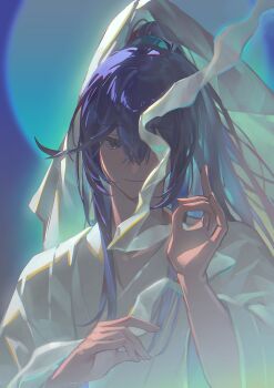 1boy absurdres aqua_eyes black_eyes blue_background blue_hair buddhism closed_mouth cssw23290175 glowing glowing_eye guanyin hair_between_eyes heterochromia high_ponytail highres hong_lu_(project_moon) karana_mudra limbus_company long_hair long_sleeves looking_at_viewer male_focus mudra ponytail project_moon robe smile solo upper_body veil white_robe white_veil