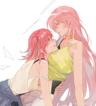 2girls absurdres arknights bad_link blue_jacket bra_strap chinese_commentary clothes_around_waist commentary_request exusiai_(arknights) exusiai_the_new_covenant_(arknights) g_xio111 hairband halo highres hug incest jacket jacket_around_waist lemuen_(arknights) long_hair medium_hair multiple_girls one_side_up pink_eyes pink_hair red_hair siblings simple_background sisters strap_slip white_background white_hairband yuri