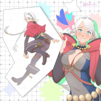 1girl ahoge ass black_pantyhose blue_eyes boots braid breasts brown_boots capelet cleavage fire_emblem fire_emblem_fates from_behind hairband harness highres hood hooded_capelet leg_up long_hair looking_at_viewer low_twin_braids low_twintails medium_breasts multiple_views nina_(fire_emblem) nintendo o-ring o-ring_harness open_mouth pantyhose parted_bangs red_hood running sorafuuai striped_clothes striped_pantyhose twin_braids twintails vertical-striped_clothes vertical-striped_pantyhose white_hair