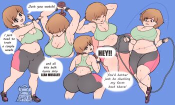 1girl absurdres ass breasts brown_eyes brown_hair cleavage exercising highres large_breasts persona persona_4 plump satonaka_chie short_hair solo thick_thighs thighs