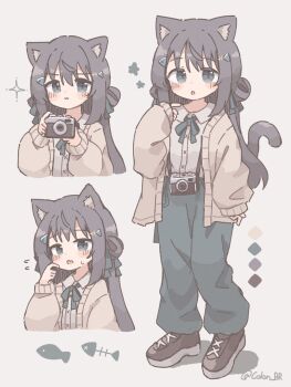 Rule 34 | 1girl, :o, absurdres, animal ears, blush, brown cardigan, brown shoes, camera, cardigan, cat ears, cat girl, cat tail, closed mouth, collared shirt, colon br, commentary, fish skeleton, flying sweatdrops, full body, green eyes, green pants, green ribbon, grey hair, hand up, highres, holding, holding camera, long hair, long sleeves, looking at viewer, multiple views, neck ribbon, open cardigan, open clothes, open mouth, original, pants, ribbon, shirt, shoes, simple background, standing, sweatdrop, symbol-only commentary, tail, twitter username, white background, white shirt