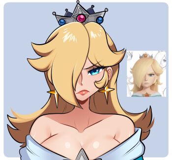 1girl annoyed bare_shoulders blonde_hair blue_eyes breasts cleavage crown dress earrings frown hair_over_one_eye highres jewelry long_hair mario_(series) medium_breasts missandydandy nintendo off-shoulder_dress off_shoulder portrait reference_photo rosalina solo star_(symbol) star_earrings super_mario_galaxy