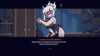 1girl apron bad_id bad_pixiv_id black_apron blush breasts clenched_teeth clothes_writing demon_girl demon_tail embarrassed english_text fake_screenshot food fork helltaker highres horns krekkov large_breasts lucifer_(helltaker) mole mole_under_eye naked_apron official_style pancake ponytail red_eyes stiff_tail sweatdrop tail tearing_up teeth visual_novel white_hair