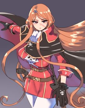 absurdres ascot belt belt_buckle black_cape black_capelet black_cloak black_gloves blush breasts brown_belt brown_eyes buckle cape capelet cloak colored_eyelashes commentary_request emeraldas expressionless eyelashes floating_cape gloves hair_ornament harlock_saga highres jolly_roger large_breasts leggings long_hair long_sleeves multiple_belts open_mouth orange_hair pants pirate pirate_costume quanero queen_emeraldas red_shirt scar scar_on_face shirt skull skull_belt skull_hair_ornament skull_print uchuu_kaizoku_captain_harlock very_long_hair wavy_hair white_ascot white_leggings white_pants