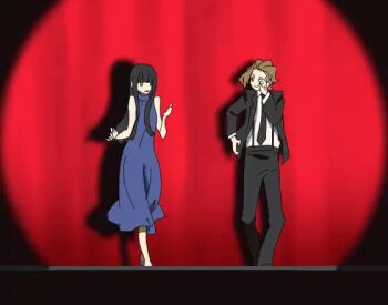 1girl 2boys ahoge animated animated_gif black_hair black_suit blonde_hair blue_dress bowing brown_hair curtains dancing dress formal_clothes furesawa_tosai high_heels hime_cut kanade_rindo kekkai_sensen lipstick long_hair makeup multiple_boys necktie parody sakurane_shoka shin_subarashiki_kono_sekai shirt smile spotlight subarashiki_kono_sekai suit undercut white_shirt
