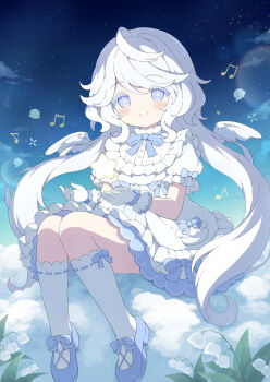 1girl ahoge angel_wings blue_bow blue_bowtie blue_eyes blue_shoes bow bow_legwear bowtie bright_pupils closed_mouth colored_eyelashes commentary commission dress dress_bow floating floating_object footwear_bow gloves highres kneehighs long_hair looking_at_viewer low_twintails on_cloud original puffy_short_sleeves puffy_sleeves shoes short_sleeves sitting skeb_commission sleeve_bow smile socks solo split_mouth star_(sky) twintails tyomimas variant_set very_long_hair white_dress white_gloves white_hair white_pupils white_socks white_wings wings