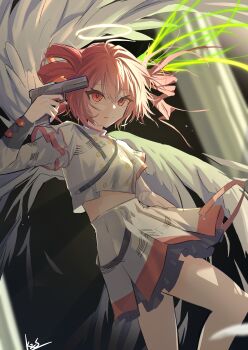 1girl absurdres artist_name belt black_belt buttons closed_mouth double-breasted double-parted_bangs drill_hair grey_jacket grey_skirt gun gun_to_head hair_between_eyes halo hashtag-only_commentary highres holding holding_gun holding_weapon jacket k2s kasane_teto kasane_teto_(sv) layered_sleeves long_sleeves midriff red_eyes red_hair red_trim short_over_long_sleeves short_sleeves shoulder_belt signature skirt skirt_set sleeve_cuffs synthesizer_v twin_drills utau weapon white_halo white_wings wings