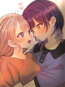 2girls blue_eyes blush brown_hair chiaki_(abc126497434674) closed_mouth commentary_request eye_contact heart hug koharu_and_minato koharu_suzumura long_hair looking_at_another minato_matsuki multiple_girls open_mouth orange_shirt purple_shirt shirt smile yellow_eyes yuri
