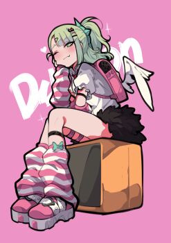 Rule 34 | 1girl, absurdres, bandaid, bandaid hair ornament, black skirt, chinatsu remiel, closed mouth, commentary, english commentary, fang, full body, fur-trimmed skirt, fur trim, green eyes, hair ornament, heart, heart hair ornament, highres, leg warmers, looking at viewer, mujib, multiple hair clips, necktie, one eye closed, pink arm warmers, pink background, pink bag, pink leg warmers, pink shoes, ponytail, red necktie, shirt, shoes, sitting, skin fang, skirt, solo, sparkle, striped arm warmers, striped leg warmers, white shirt, white wings, winged bag, wings, zenless zone zero