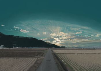 cloud commentary_request evening farm field green_sky highres hill no_humans original photorealistic realistic road rural scenery sky sunset user_yfds5522