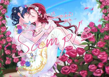 2girls absurdres arm_around_neck bare_shoulders blue_flower blue_hair blue_rose blush carrying closed_eyes cloud commentary_request commission day dress falling_petals flower gloves hair_bun highres kiss love_live! love_live!_sunshine!! multiple_girls outdoors petals pink_flower pink_rose princess_carry rainbow red_hair rose sakurauchi_riko single_side_bun tsushima_yoshiko wedding_dress white_dress white_gloves wife_and_wife yuri zokuro_1018