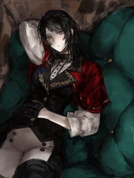 Rule 34 | 1girl, bang dream!, bang dream! it's mygo!!!!!, black gloves, black hair, black pants, black vest, blue eyes, capelet, closed mouth, feiyu30903448, gloves, highres, looking at viewer, medium hair, pants, red capelet, sitting, solo, timoris (bang dream!), two-tone pants, vest, white pants, yahata umiri